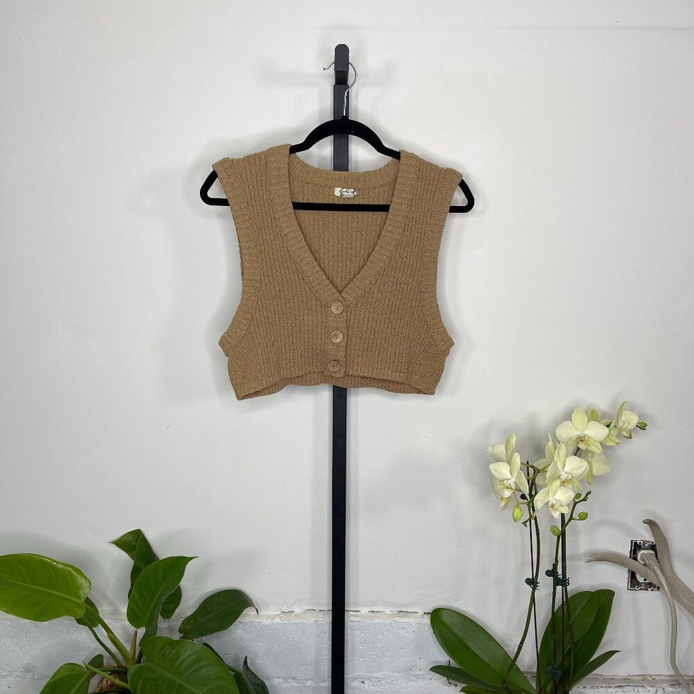 Free People Brown Ribbed Knit Button Front V-Neck Cropped Sweater Vest Size L